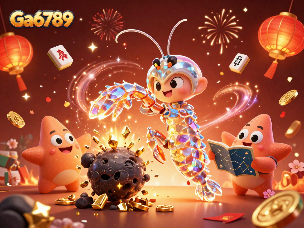 Experience thrilling action at Ga6789 with a vibrant 3D casino scene featuring galactic characters and gold treasures.