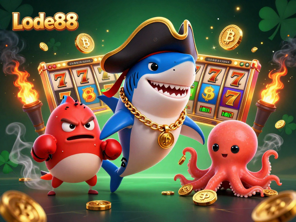 Engage in winning strategies with Lode88 in a dynamic 3D casino scene featuring cartoon characters and vibrant game elements.