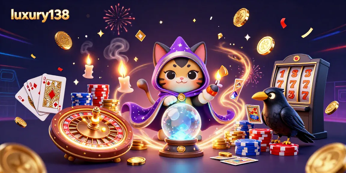 Engaging illustration of luxury138 with a mystic cat fortune teller, glowing raven, and colorful casino elements, with vibrant energy