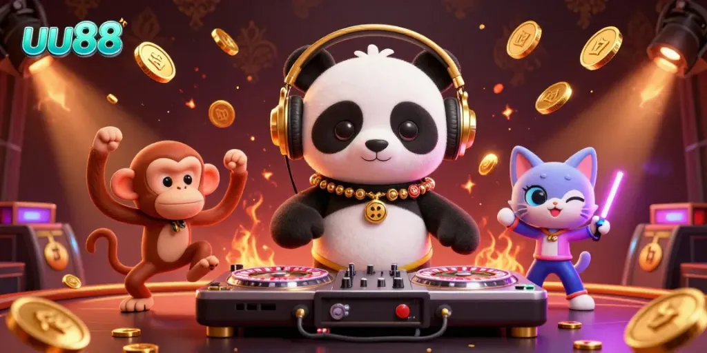Engage in exciting gameplay with uu88 featuring a DJ panda and friends at a lively casino party.