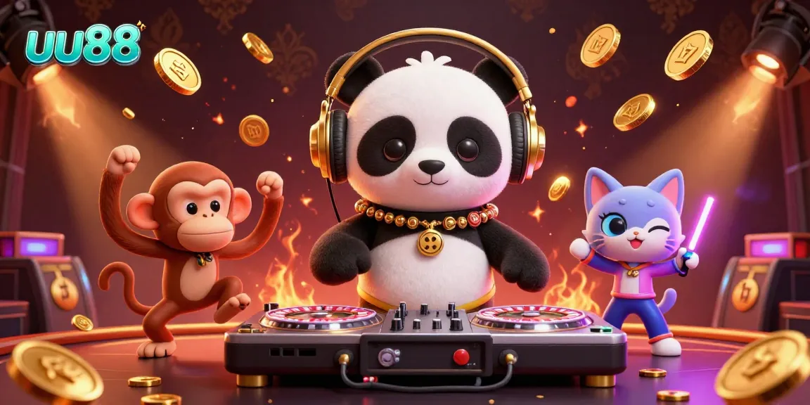 Engage in exciting gameplay with uu88 featuring a DJ panda and friends at a lively casino party.