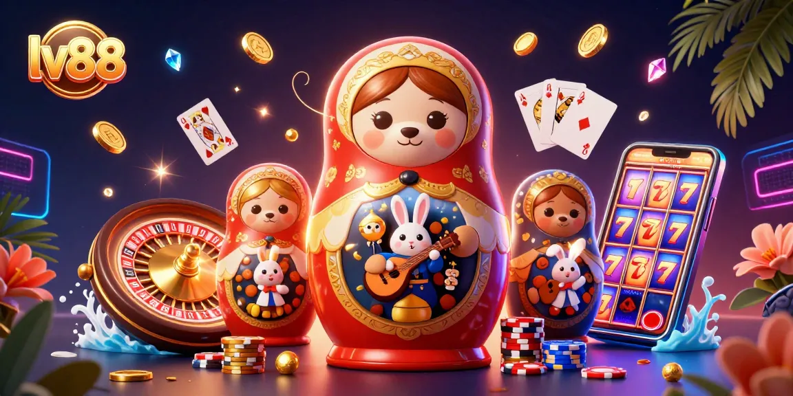 Win big with lv88 in this vibrant casino scene filled with playful characters and gaming elements.