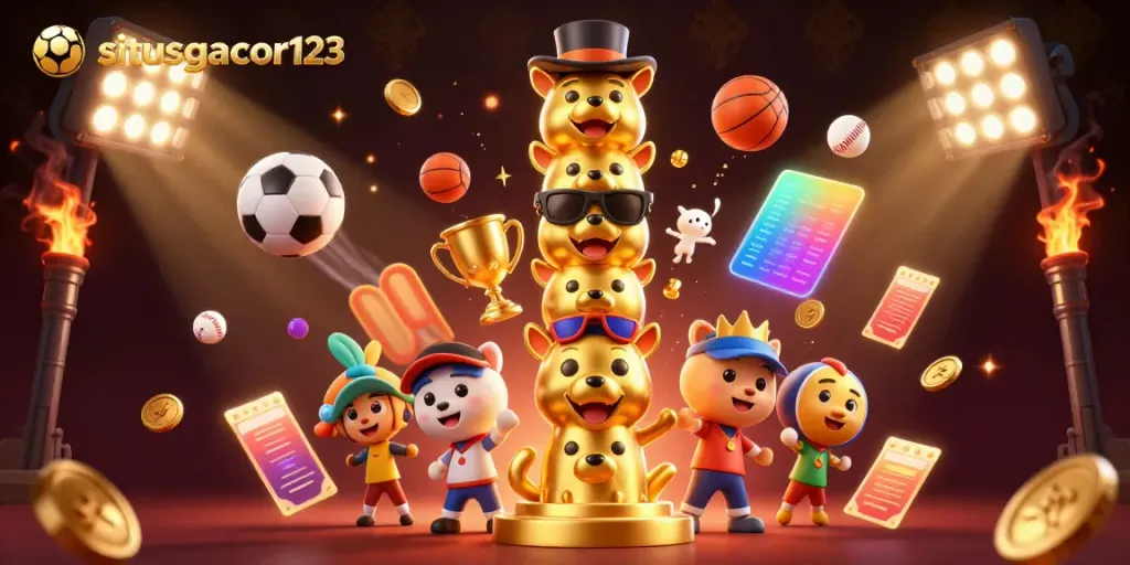 Engage with situsgacor123 through a vibrant 3D illustration showcasing sports betting excitement with dynamic elements.