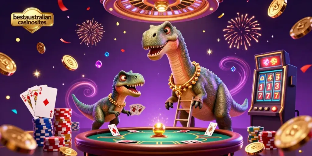 Watch the 3D scene come alive as a brontosaurus observes a poker game in the best Australian casinos.