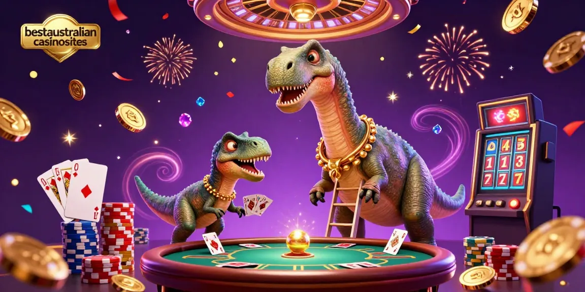 Watch the 3D scene come alive as a brontosaurus observes a poker game in the best Australian casinos.