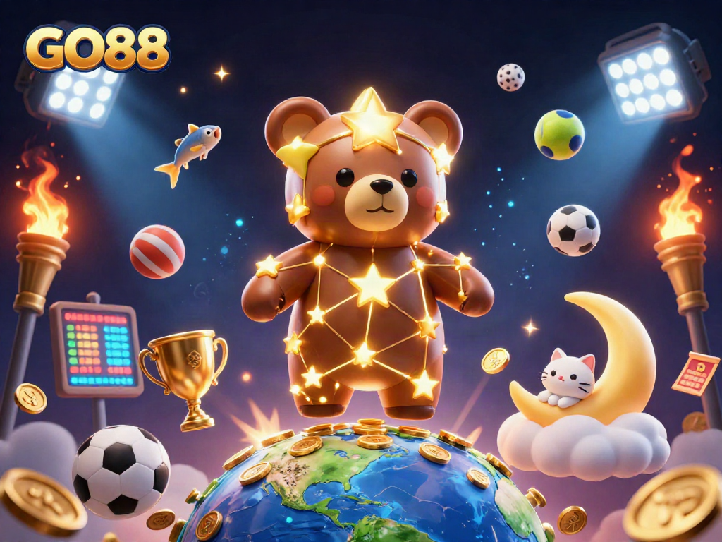 Engage with GO88’s thrilling gameplay, featuring a celestial bear scooping coins in a dynamic casino scene.