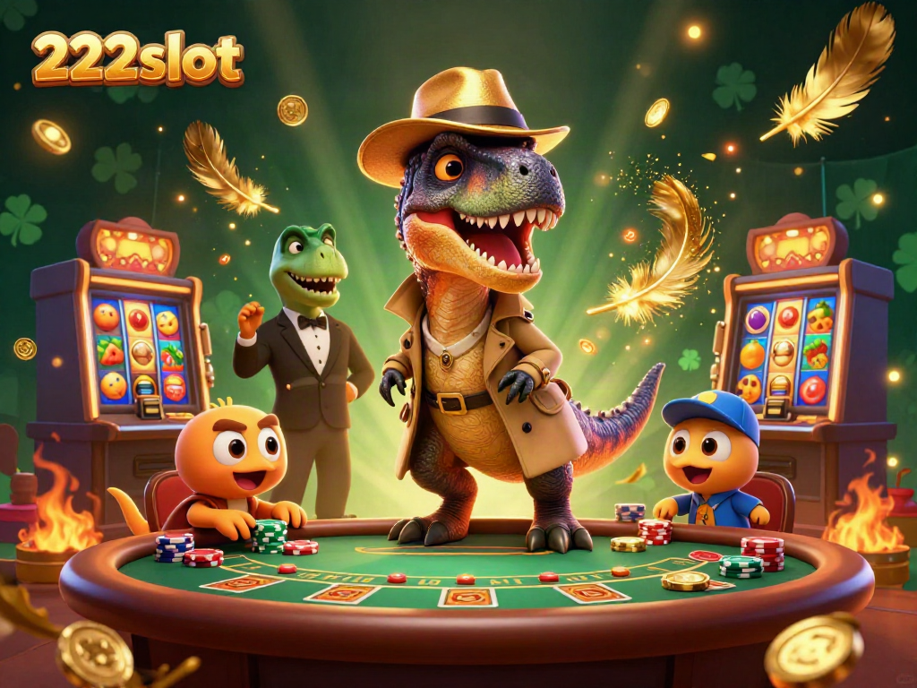 Tampilkan 222slot dengan velociraptor dan stegosaurus dalam suasana kasino yang dinamis.