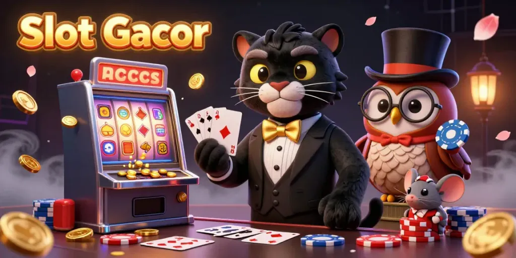 Experience thrilling Slot Gacor action with a vibrant 3D illustration featuring a tuxedo-clad panther, an owl with poker chips, and a lucky mouse.