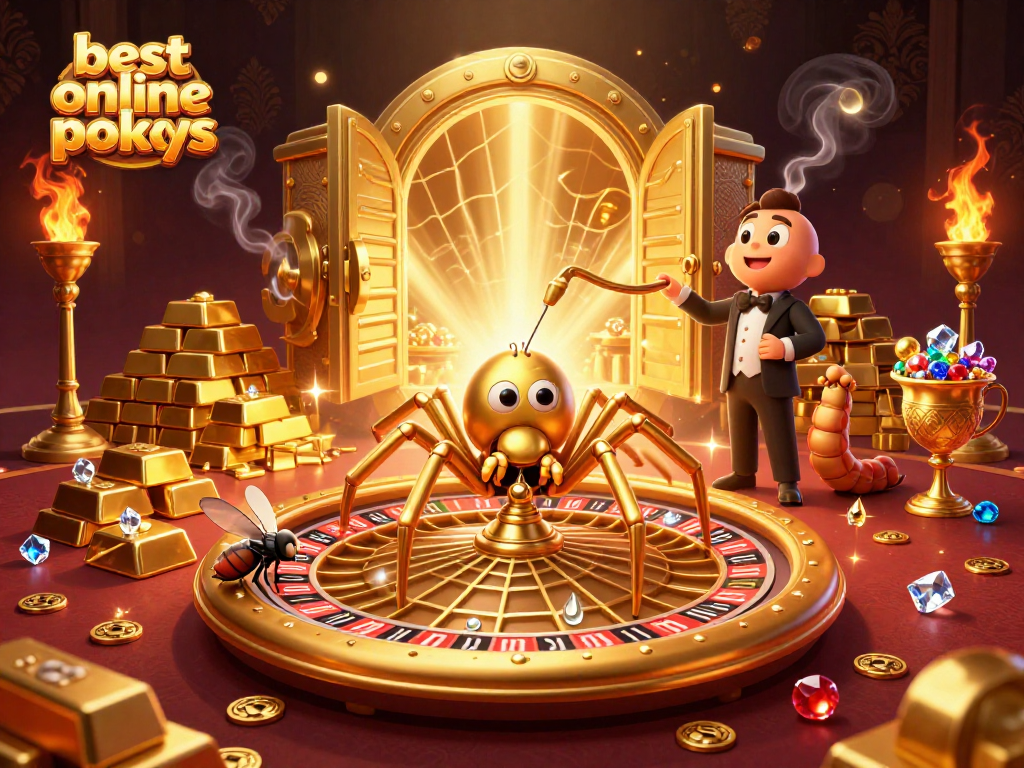 Engage with the best online pokies as a spider spins a roulette wheel web in a golden treasure scene.