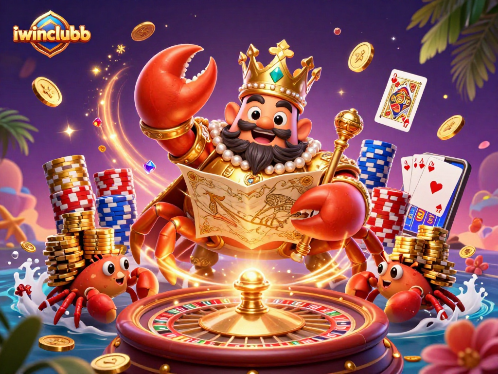Experience thrilling gameplay at iwinclubb with a vibrant 3D casino scene featuring a golden crab emperor and dazzling casino elements.