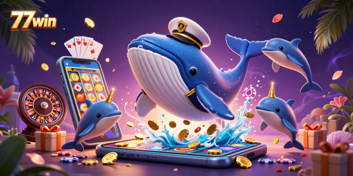 77win features a giant whale, narwhal, and dolphins enjoying casino games and gold coins in a vibrant scene.
