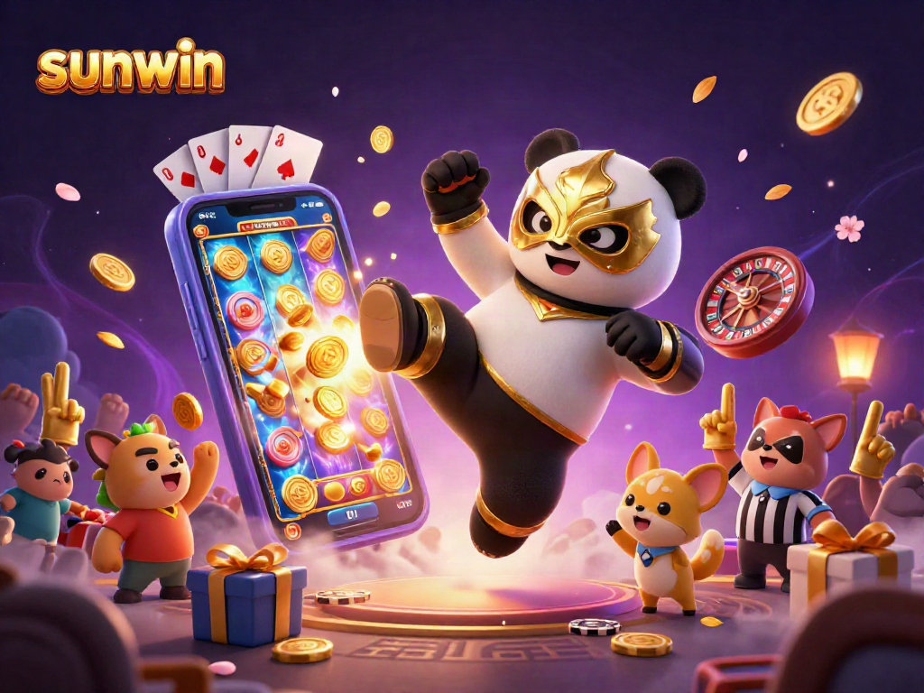 Experience the thrill of sunwin with a lively casino illustration featuring a wrestling panda.