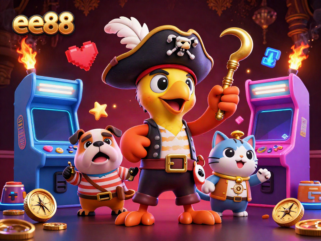 Experience thrilling gameplay with ee88, featuring a vibrant, dynamic illustration of casino elements and playful characters.