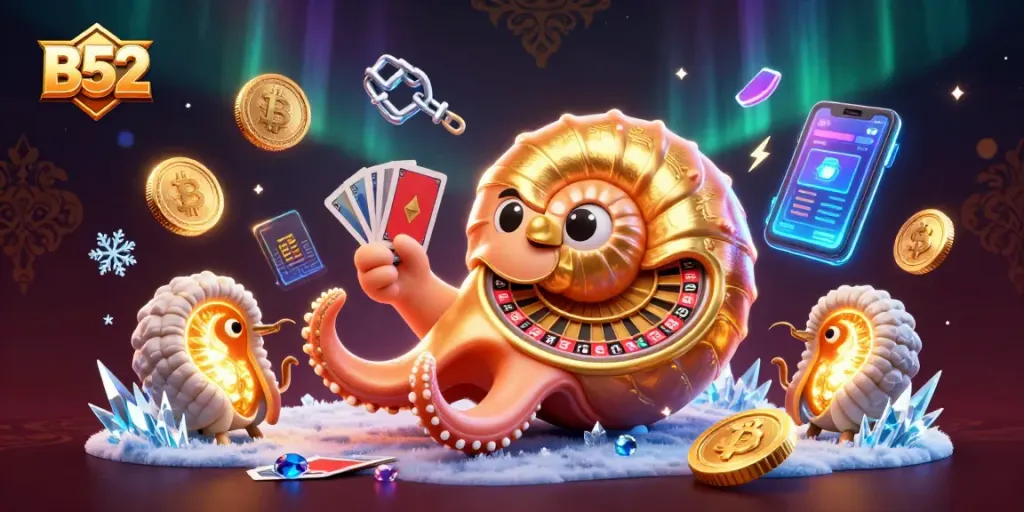 Engage with B52 thrilling casino atmosphere featuring roulette, cards, and glowing cryptocurrency elements.