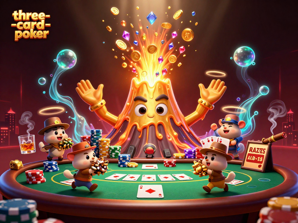 Experience three-card-poker excitement as a golden volcano erupts, showering coins and treasures.