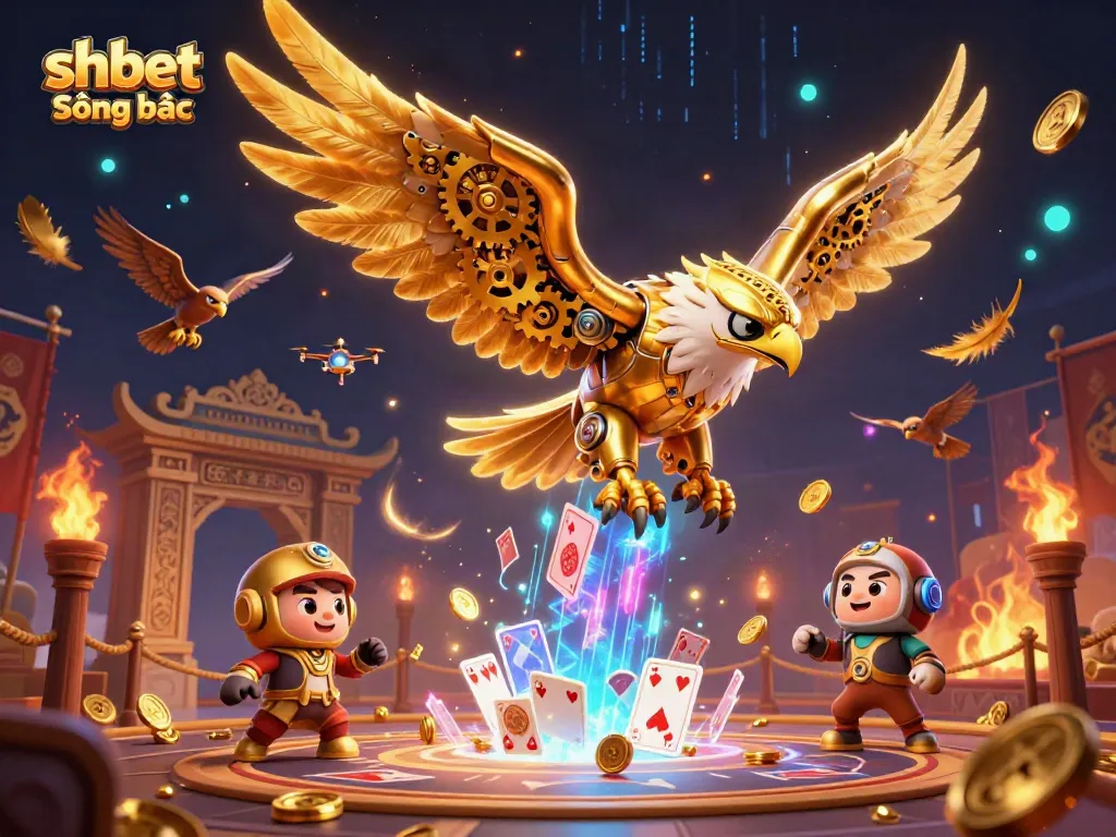 Experience the thrill of shbet Sòng bạc with a golden eagle soaring through holographic cards amidst stunning casino elements.