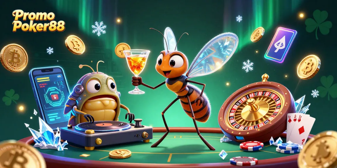 Win big with Promo Poker88, featuring a lively 3D casino scene filled with poker elements and crypto coins.