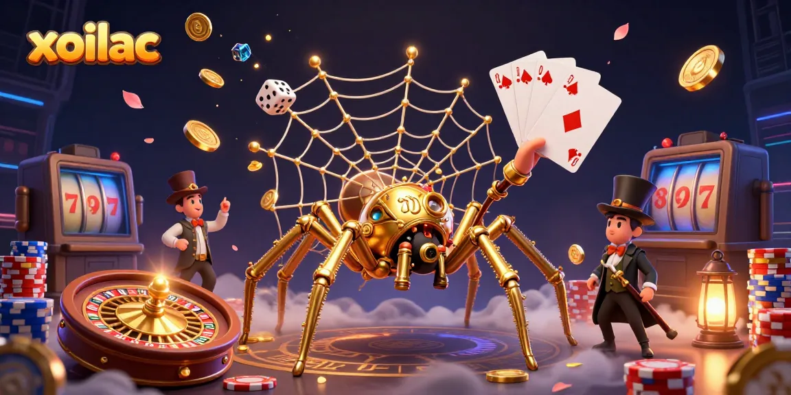 Experience the thrilling xoilac gaming world with rich 3D illustrations showcasing poker, slots, and roulette elements.