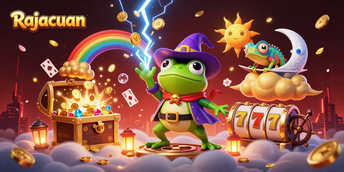 Permainan slot Rajacuan dengan karakter si katak penyihir dan chameleon di tengah hujan koin emas.