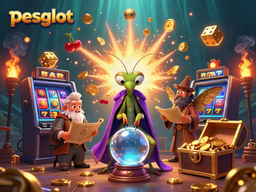 Experience thrills with pesgslot in a vibrant casino scene featuring a lucky praying mantis fortune teller.