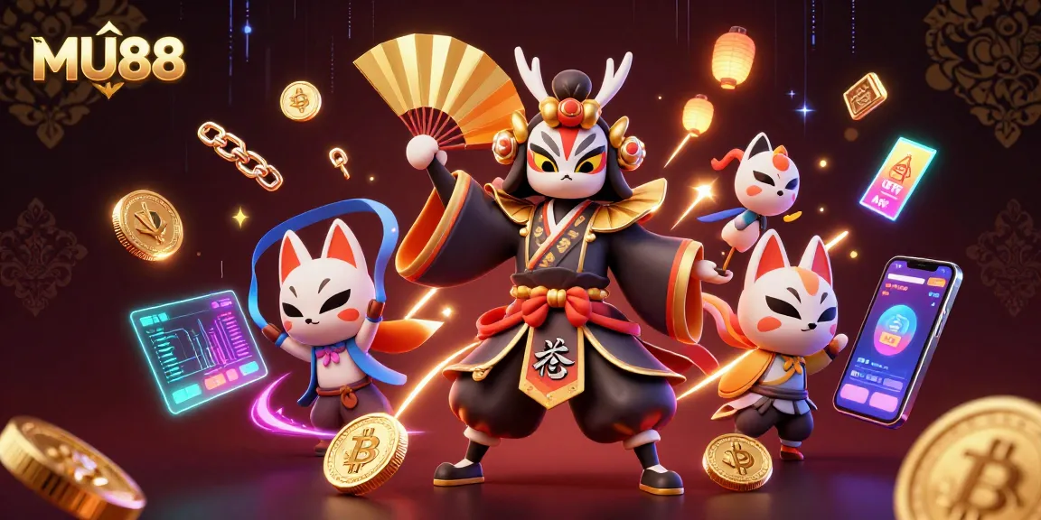 Experience thrilling gameplay with MU88's vibrant casino adventure featuring a kabuki warrior and crypto elements.