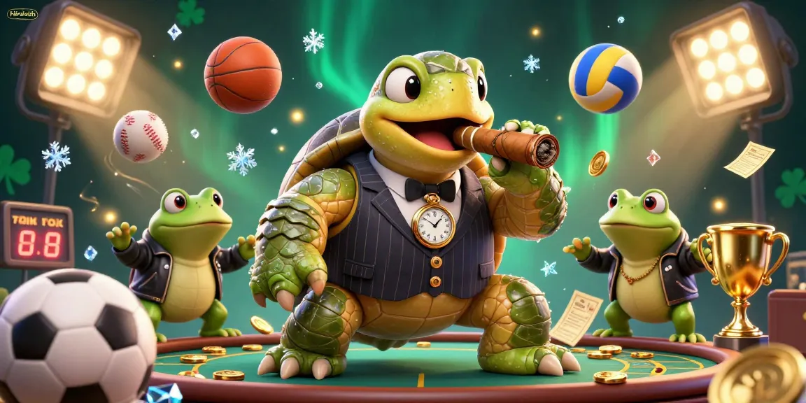 Experience thrilling play at hitclubb with a cartoon turtle in a casino environment, surrounded by sports betting elements.