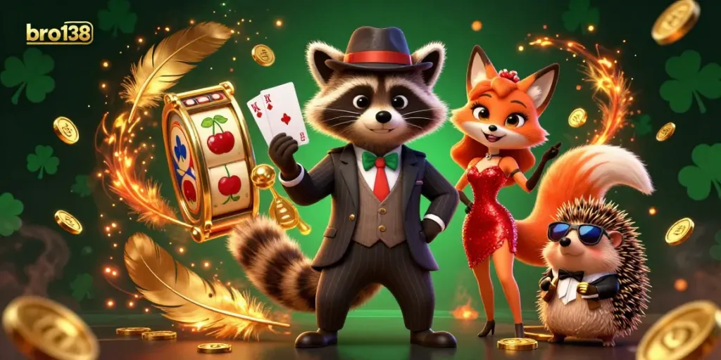Experience the vibrant energy of bro138's gaming realm with animated characters and swirling casino symbols.