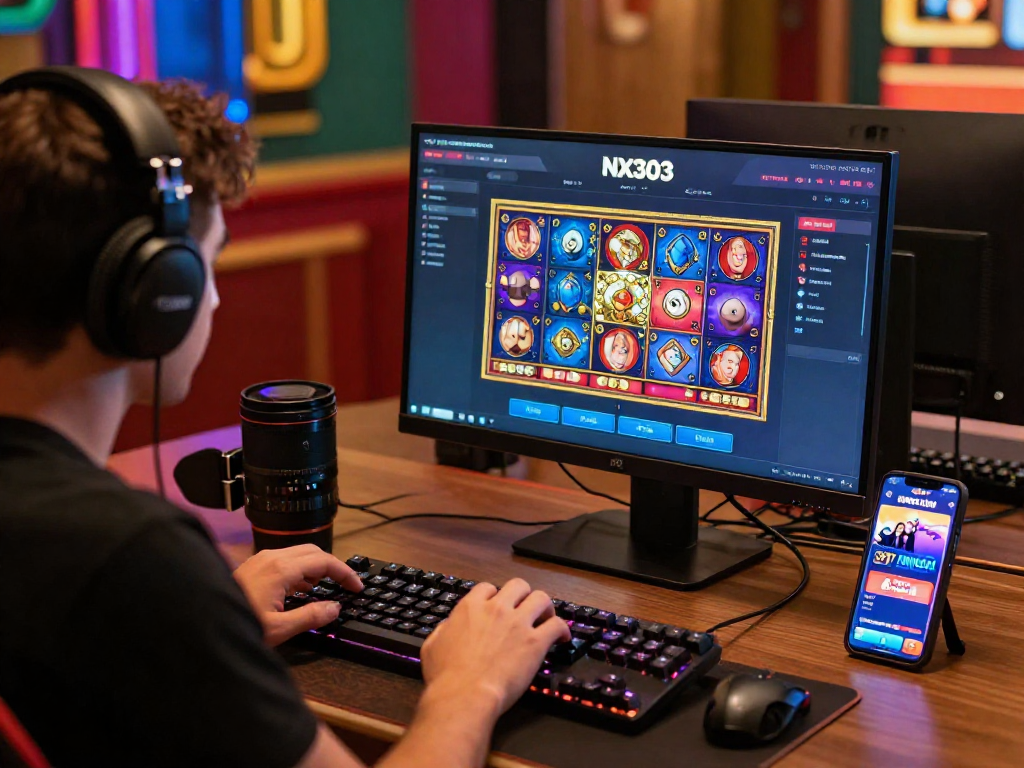 nx303 daftar displayed on a user's laptop screen, showcasing vibrant slot games in a modern gambling environment.