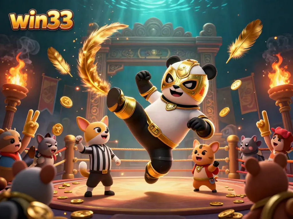 Experience win33 excitement with a cartoon wrestling panda showcasing thrilling casino action!