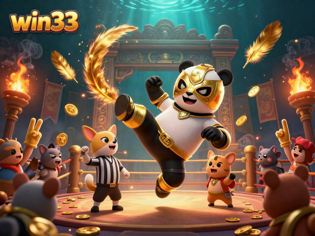 Experience win33 excitement with a cartoon wrestling panda showcasing thrilling casino action!