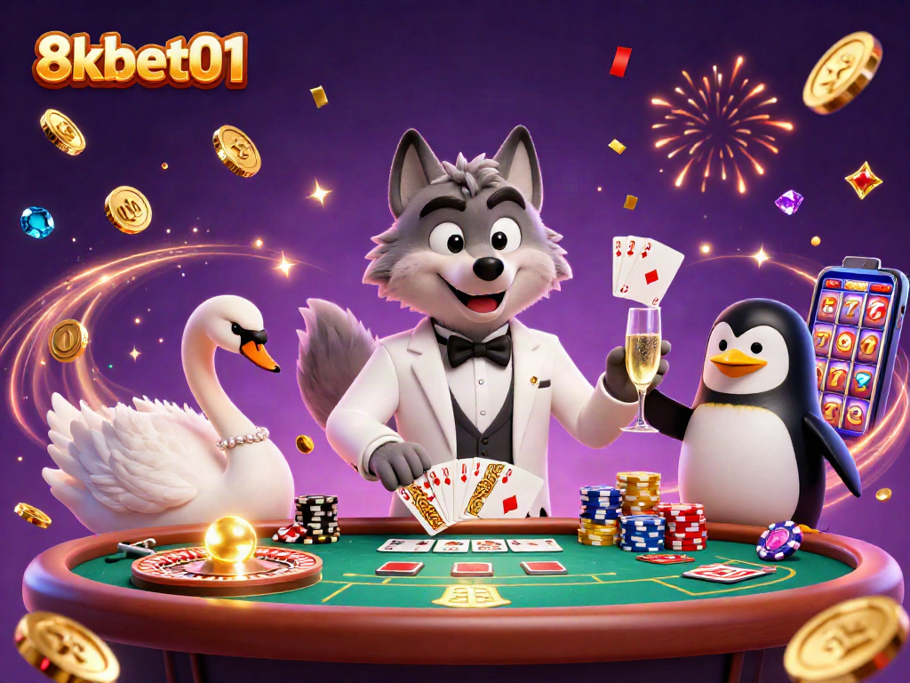 A 3D scene depicting 8xbet01 with lively characters: a wolf at baccarat, a swan dealing cards, and a penguin presenting champagne.