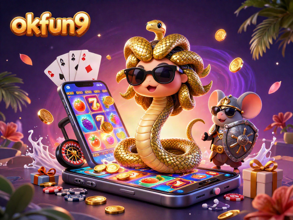 Spin and win with okfun9 featuring Medusa and a warrior mouse in lively casino scene.