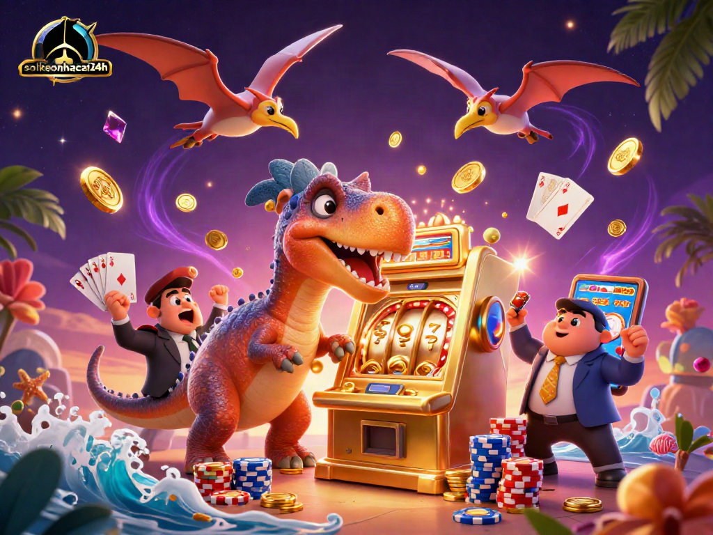 Engage with the vibrant soikeonhacai24h scene where a dinosaur interacts with a golden slot machine!