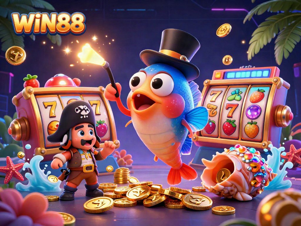Engage with WIN88 through a vibrant, dynamic casino scene featuring animated characters attracting coins.