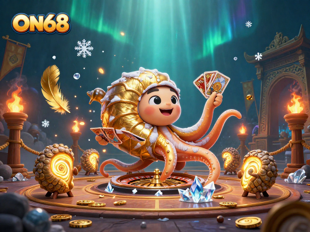 Experience thrilling gameplay at ON68 with a vibrant illustration of casino elements and winning cards.