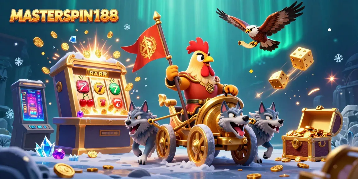 Experience the thrill of MASTERSPIN188 with a vibrant online casino illustration featuring a cartoon rooster warlord.