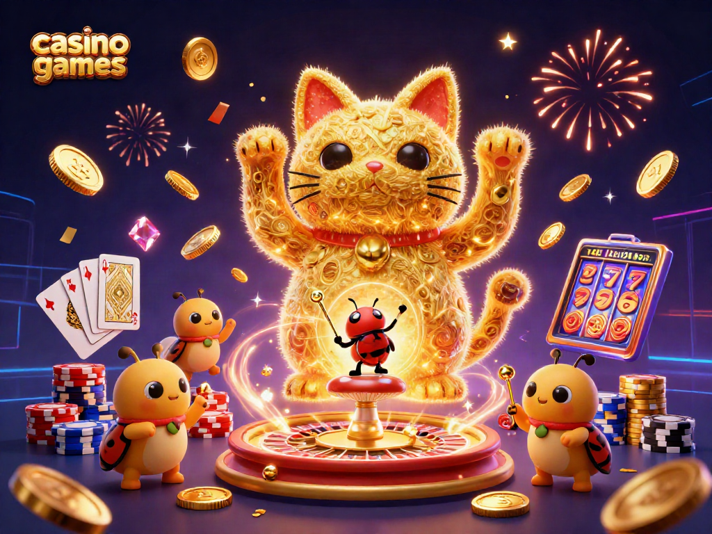 Engage with casino games in this vibrant 3D illustration featuring a lucky cat, poker chips, and coins.
