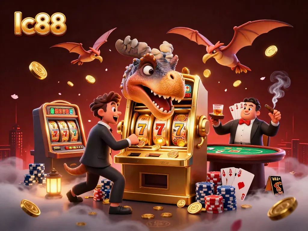 Experience the excitement of lc88 with cartoon dinosaurs celebrating a slot jackpot in a vibrant casino scene.