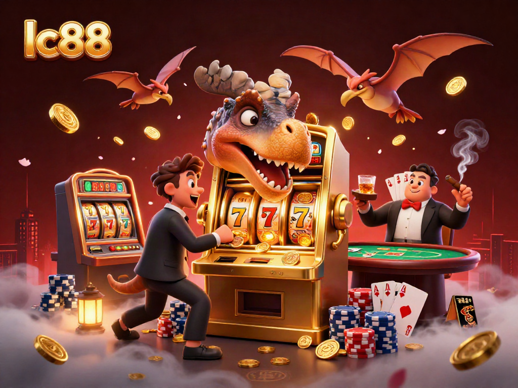Experience the excitement of lc88 with cartoon dinosaurs celebrating a slot jackpot in a vibrant casino scene.