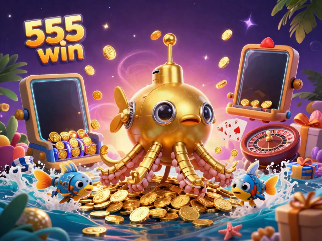 Experience 555 win with a vibrant 3D illustration of a golden kraken submarine amidst a sea of coins and gambling elements.