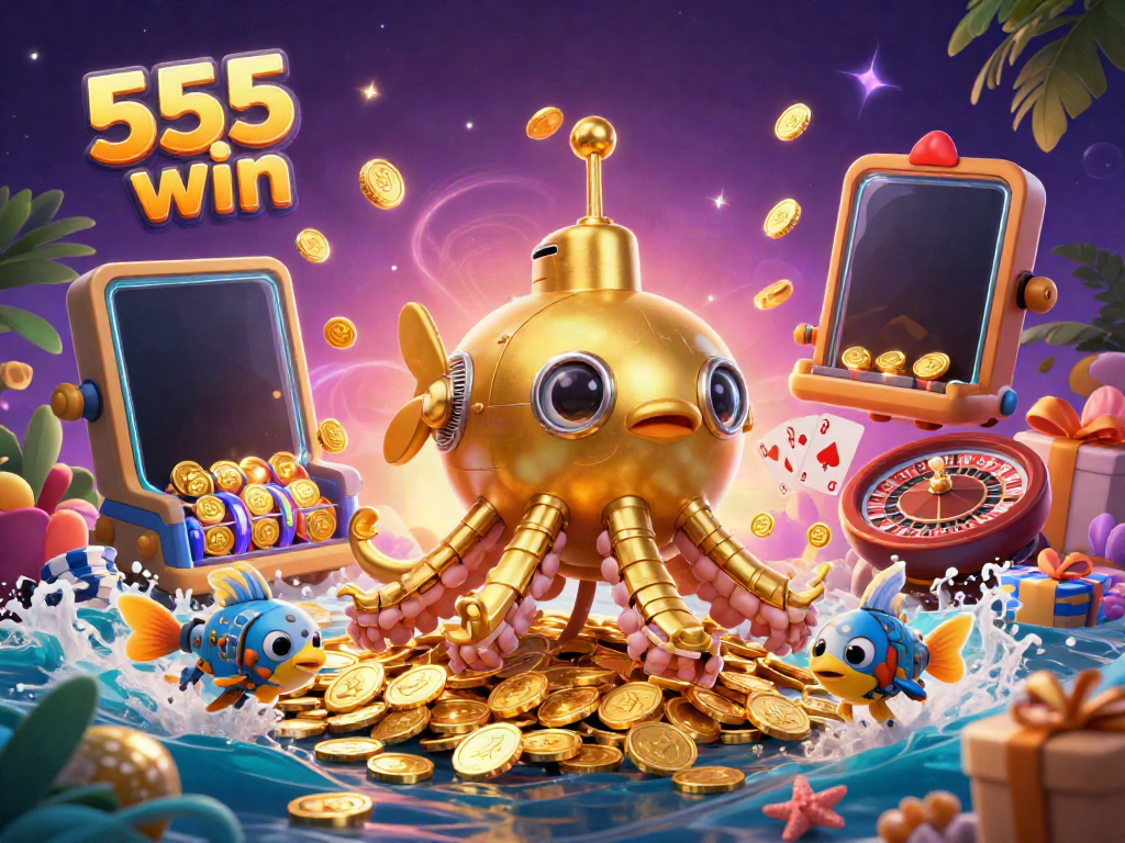 Experience 555 win with a vibrant 3D illustration of a golden kraken submarine amidst a sea of coins and gambling elements.