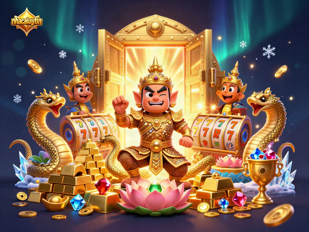Engage with the vibrant nhacaiuytin casino scene featuring gold treasures, animated characters, and slot reels.