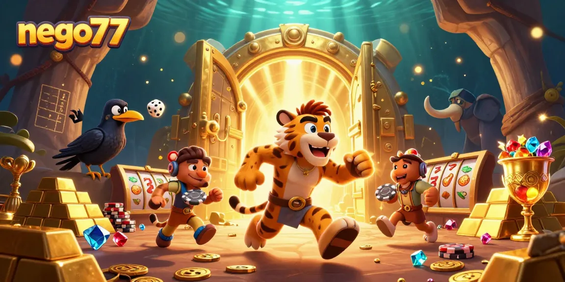 Experience thrilling action at nego77 with ancient casino games amidst a rich treasure scene.