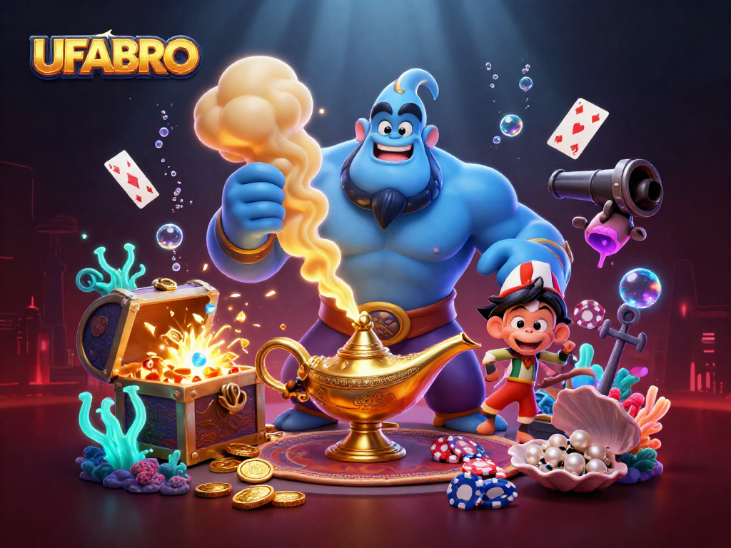 Experience the excitement of UFABRO with a dynamic 3D illustration featuring magical casino elements.
