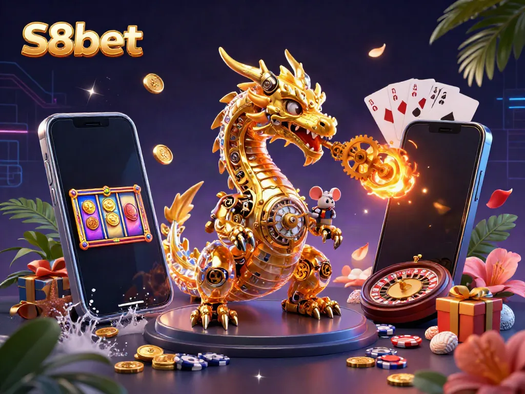 S8bet showcases a vibrant casino illustration featuring a golden dragon and dynamic game elements.