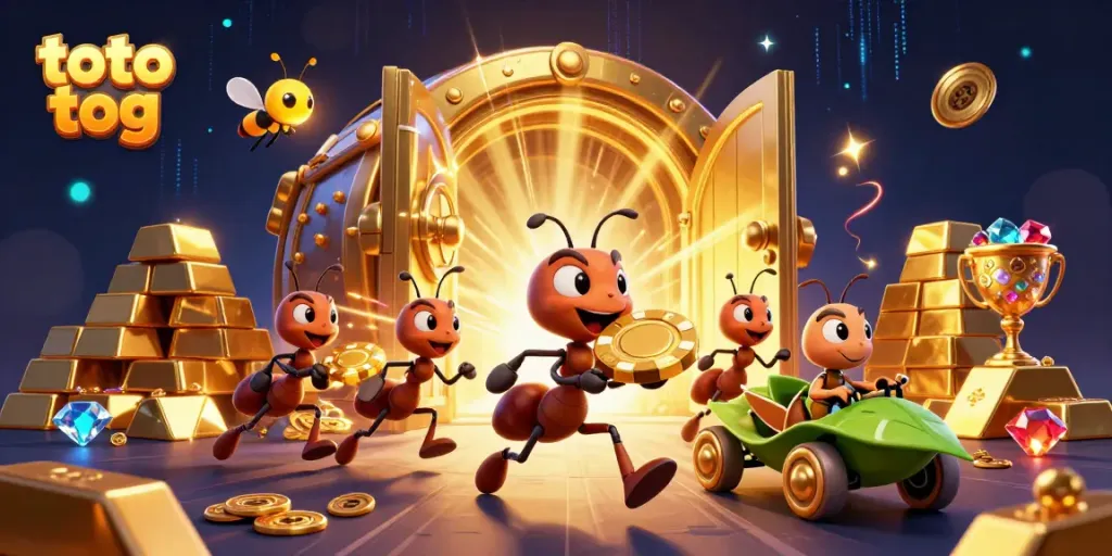 Experience thrilling action with the toto tog heist by the animated ants in a vibrant casino scene.