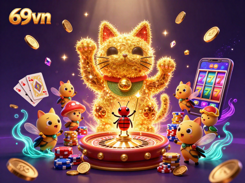 Experience the excitement of 69vn casino gaming with the enchanting lucky cat illustration interacting with vibrant symbols.