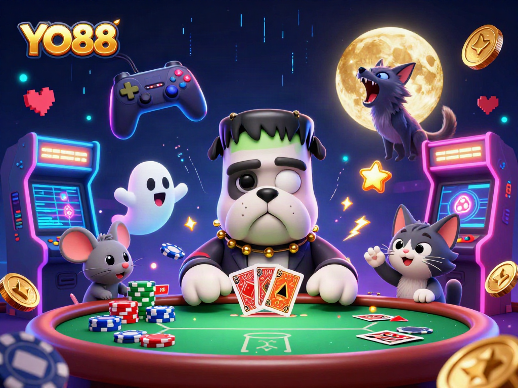 YO88 engages players at a lively poker table with unique characters and glowing game elements.