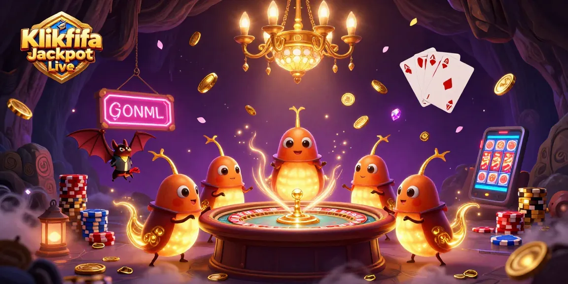 Engage with Klikfifa Jackpot Live, featuring a mesmerizing cave casino illustration with vibrant glowworms and dynamic game elements.