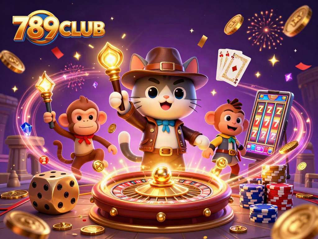 Engage with 789CLUB as the explorer cat uncovers golden treasures amidst casino excitement.